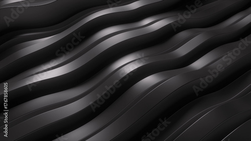 Abstract black layered waves with rhythmic curves, specular highlights and deep shadows for sleek tech and luxury visuals. 3d rendering