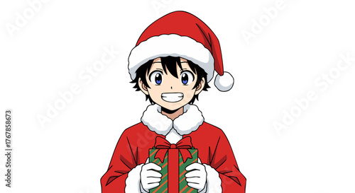 Festive anime boy in Santa hat and suit, happily holding a wrapped present, ready for Christmas celebration and gift exchange