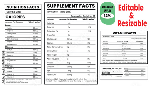 nutrition facts, vitamin facts,  supplement facts, nutrition fact template, food label, supplement label