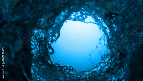 Water creating a dynamic blue abstract tunnel or vortex, showing liquid movement and light, providing an energetic and fluid background or concept. 3d rendering