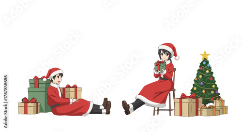 A cheerful Christmas scene featuring two individuals in Santa costumes surrounded by gift boxes and a decorated fir tree, embodying the spirit of the holiday season and joyous anticipation