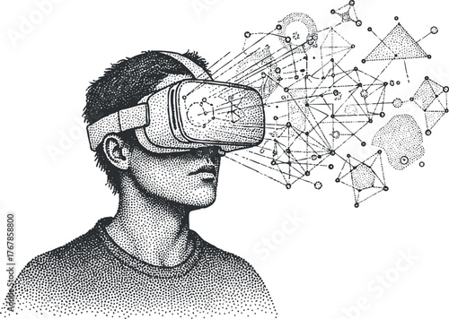 Illustration of a person wearing a virtual reality headset with abstract digital connections emerging.