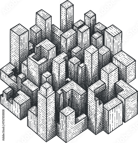 A detailed monochrome illustration depicting a modern urban cityscape with various buildings and structures.
