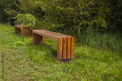 Two simple wooden benches placed in a natural green park surrounded by grass and trees. Peaceful outdoor seating area for relaxation, recreation, and eco design concepts.