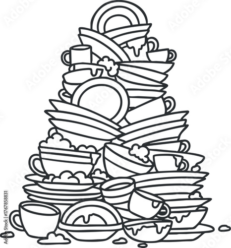 A chaotic stack of dirty dishes and utensils piled high in a kitchen setting.