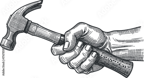 A hand gripping a hammer, showcasing craftsmanship and manual labor in construction and repair.