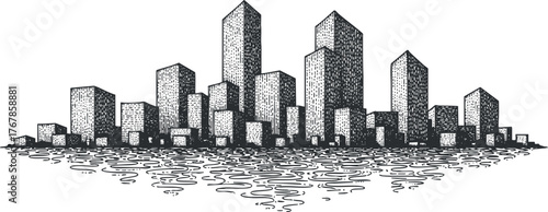 A detailed black and white illustration of a modern city skyline with reflections in water.