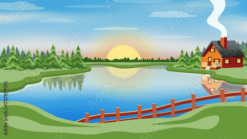 A wooden house on the shore of a lake, surrounded by a pine forest, smoke billowing from the chimney, and the sun reflecting on the water. A summer landscape with a morning or evening sunrise