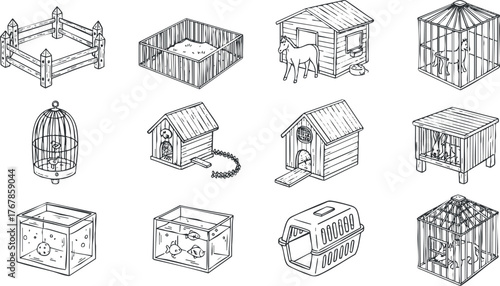 A collection of various animal enclosures including cages, kennels, and habitats for pets.