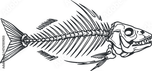 Illustration of a fish skeleton showcasing detailed anatomical features and structure.