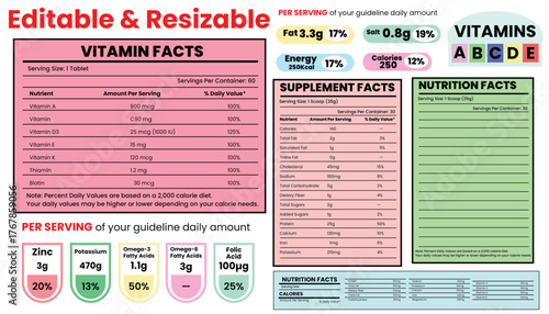 nutrition facts, vitamin facts,  supplement facts, nutrition fact template, food label, supplement label