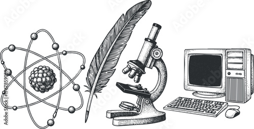 Illustration of scientific tools including an atom, microscope, feather, and computer for educational purposes.