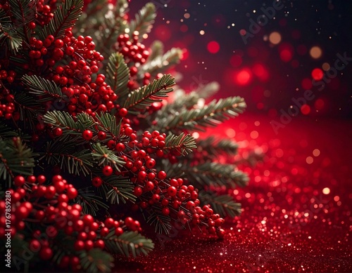 Christmas red background with berries, baubles, and spruce branches
