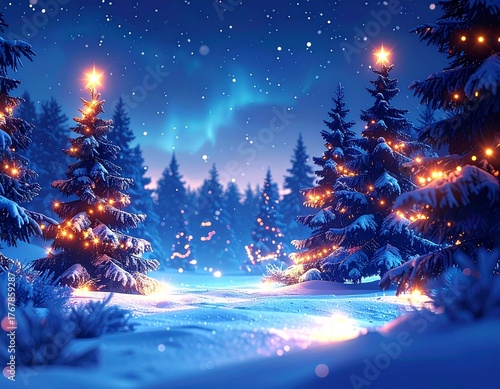 Bożonarodzeniowy, zimowy, nocny  krajobraz z choinkami oświetlonymi lampkami, śniegiem i rozgwieżdżonym niebem © Monika