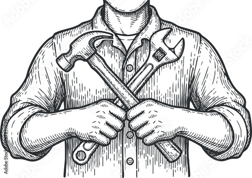 A skilled worker holding a hammer and wrench symbolizing craftsmanship and manual labor.