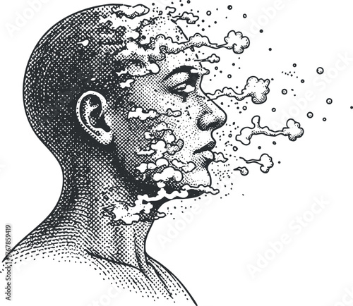 An artistic illustration depicting a human profile with abstract elements representing thoughts and emotions.