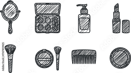 A collection of hand-drawn beauty and makeup tools including a mirror, palette, and lipstick.