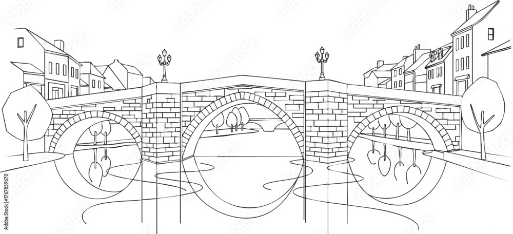 Obraz premium A detailed line art illustration of a city bridge with trees and buildings.