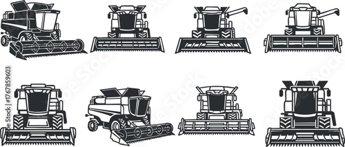 A collection of various harvester machines illustrated in a stylized, monochromatic design for agricultural use.
