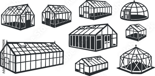 A collection of various greenhouse designs ideal for gardening and plant cultivation.