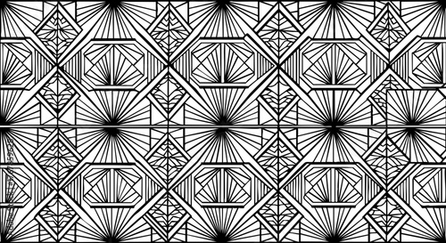 Intricate geometric art deco pattern with radiating sunbursts and diamond shapes creating a sophisticated, modern aesthetic for design projects.