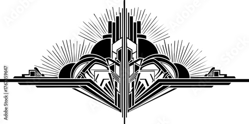 Elegant art deco inspired symmetrical geometric ornament radiating outward with dynamic lines and bold shapes, perfect for vintage design.
