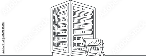 A minimalist illustration of a data server with a person analyzing data on a chart.
