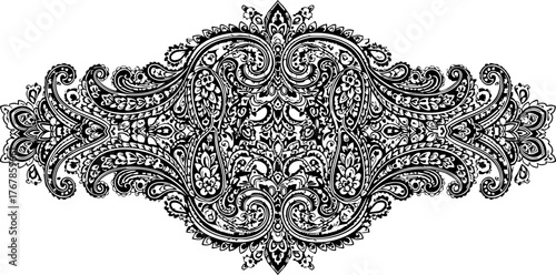 Intricate black paisley ornament with swirling floral motifs and elaborate decorative elements for elegant design applications