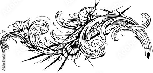 Elegant ornate flourish decorative element design, vintage scrollwork accent, classic swirl pattern for invitations and branding.