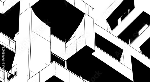 Modern minimalist abstract architectural design with bold geometric shapes and sharp lines creating a dynamic urban facade