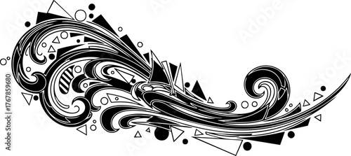 Dynamic abstract black swirl design with geometric shapes creates modern artistic flair for creative projects