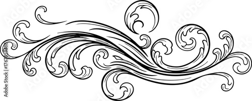 Elegant black scrollwork flourish creates a decorative border or accent, perfect for adding vintage charm to designs.