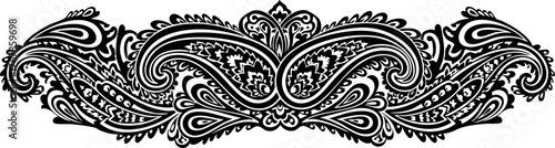 Elegant black paisley border design with intricate swirling patterns and decorative flourishes, perfect for luxury branding and vintage textiles.