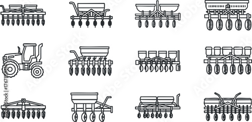 A collection of agricultural equipment including tractors, seeders, and tillage tools for farming.
