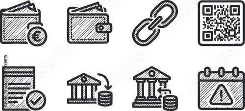 A collection of hand-drawn icons representing financial transactions and digital payments.