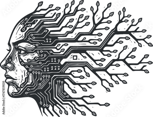 A creative illustration of a human face integrated with technology and circuit patterns.