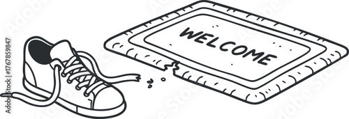 A playful illustration of a sneaker next to a welcome mat greeting visitors.