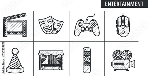 A collection of entertainment icons including film, theater masks, video games, and celebration items.