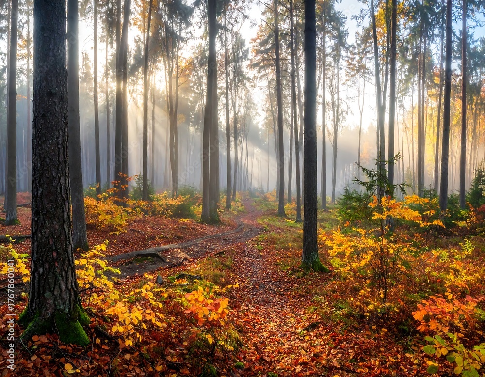 Obraz premium Stunning autumn forest landscape with sunlight streaming through the trees