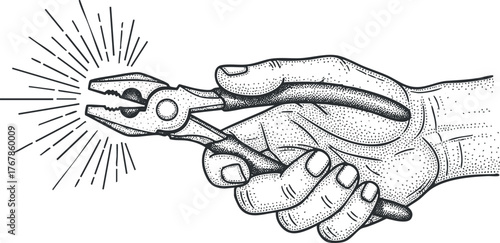 A detailed illustration of a hand holding pliers with stylized effects representing action.