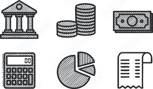 Illustration featuring financial icons including bank building, money, calculator, and pie chart.