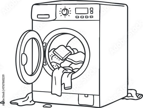 A front-loading washing machine with an open door showing laundry inside and water.