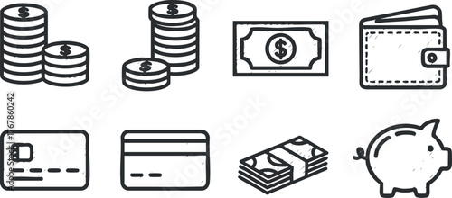 A collection of financial symbols including coins, bills, cards, and a piggy bank.