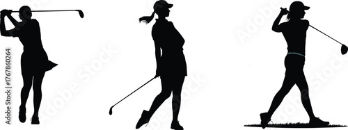 Set of female golfer silhouettes, showing woman playing golf, swinging club, and in different athletic poses, isolated on white background