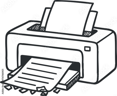 A cartoon illustration of a printer producing printed documents with paper emerging.