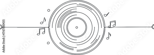 A stylized illustration of a vinyl record with musical notes and abstract lines.