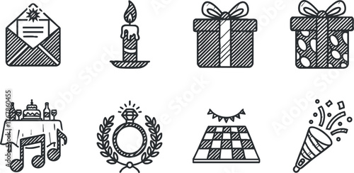 A collection of festive icons representing celebration themes such as gifts, cake, and decorations.