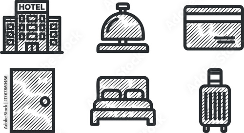 Illustration of hotel icons including building, reception bell, bed, card, door, and luggage.