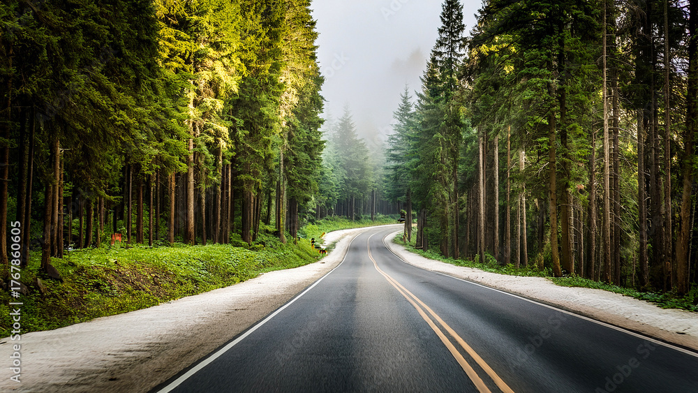 Fototapeta premium Straight forest road surrounded by tall green trees, scenic nature path with sunlight and peaceful travel atmosphere.