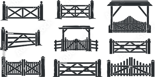 Collection of various wooden fence and gate designs in silhouette style for rural aesthetics